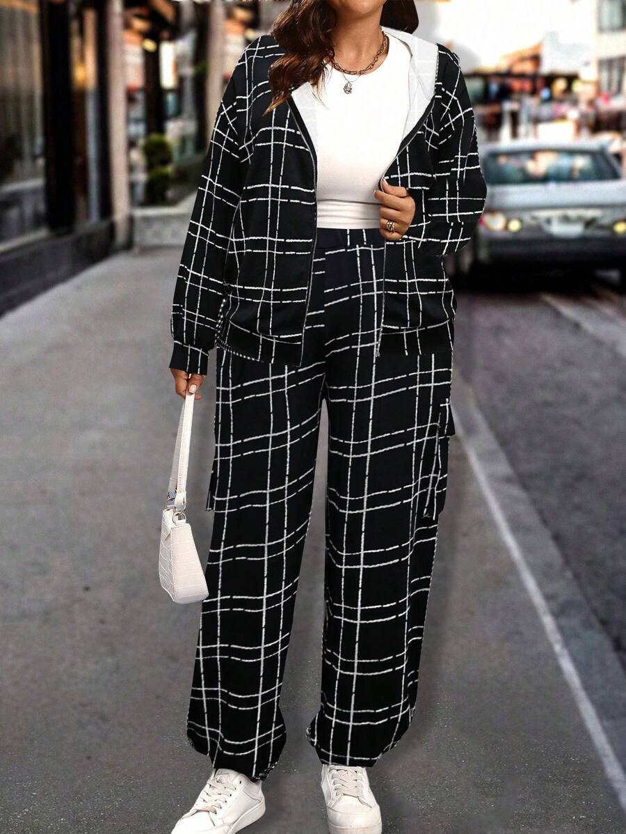 SHEIN LUNE 2 件套大码女式针织黑白条纹印花纹理拉链连帽衫夹克和松紧腰裤，休闲街头风格，秋季春季 - 黑色 - 查看 1