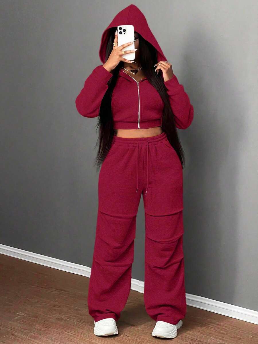 Slaydiva Autumn And Winter New Casual Sports Young Hooded Long-Sleeved Zipper Sweatshirt Cardigan + Wide-Leg Trousers Pleated On Both Sides Light Floral Gray Velvet Sweatshirt Suit Women's Two-Piece Set, 2 Pieces Fall Outfits