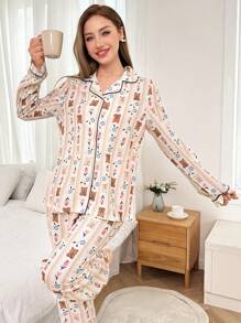 Contrast Trim Bear & Floral Print Collared Button Up Wrinkle Pajama Set Cozy And Elegant Details, Fall Winter Clothes - Multicolor - View 3