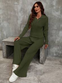EMERY ROSE Solid Ribbed Knit Sweater & Knit Pants Fall Winter Cloth For Women - Army Green - View 6