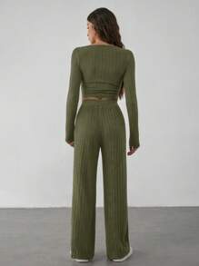 SHEIN Tall Women Solid Color Long Sleeve Simple Top And Pants Casual Suit - Army Green - View 2