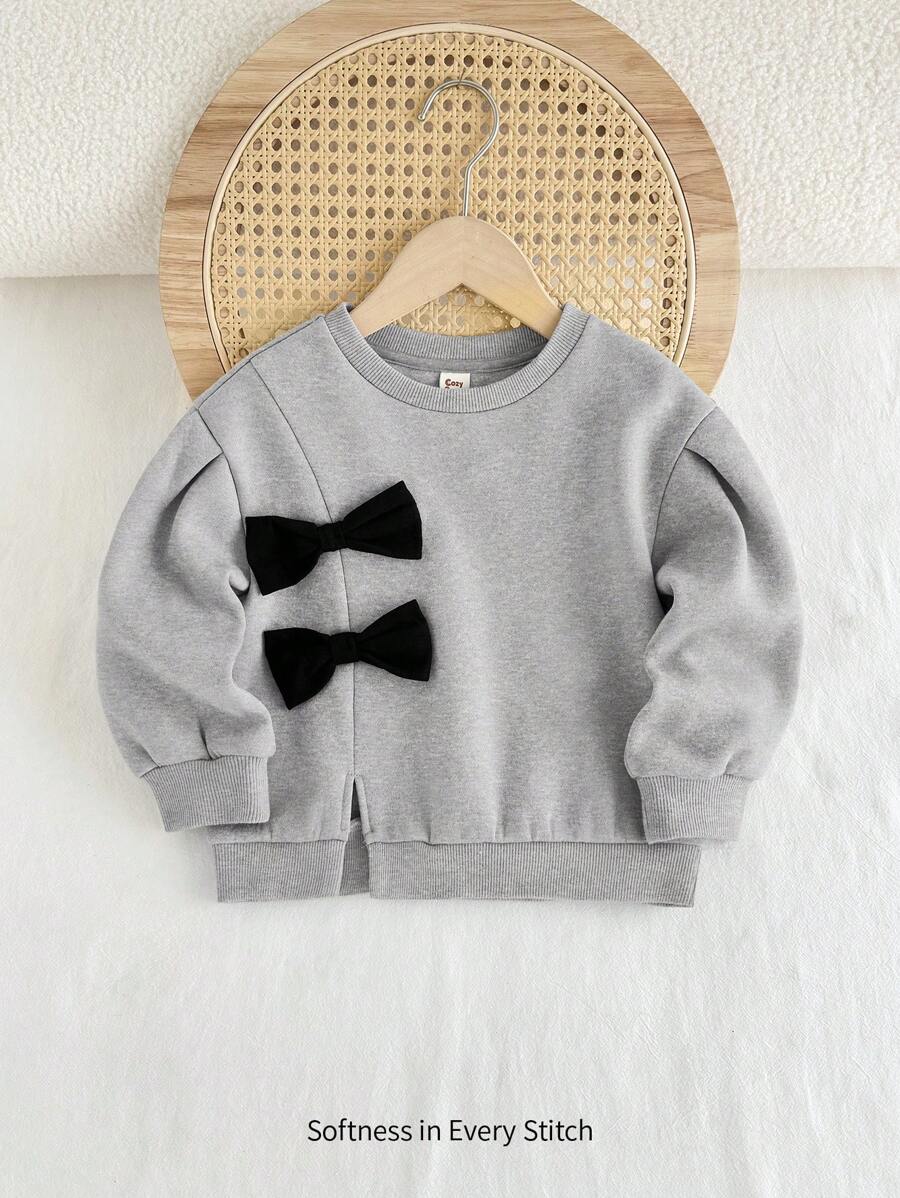Cozy Pixies Young Girl 3D Bowknot Crew Neck Small Drop Shoulder Sweatshirt - Grey - View 1