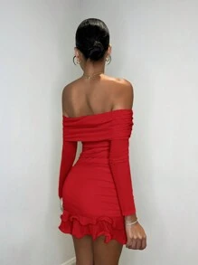 SHEIN BAE Damen einfarbiges Netzknitwear gerafftes Carmen-Ausschnitt sexy Off-Shoulder langes Puff-Ärmelbund elegantes süßes Minikleid, geeignet für Nachmittags-Tee-Treffen, modische Ausflüge, Date-Nächte, süße Ausflüge, Nachtausgänge, Weihnachtsparty-Kleid, Silvesterkleid, Feiertags-Damenoutfits, Langarm-Kleid, sexy Damenoutfits, Club-Damenoutfits, Langarm-Minikleid - Rot - Übersicht 2