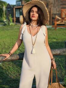 SHEIN LUNE Mono de Navidad con cuello en V, nudo, dobladillo con volantes para mujer de talla grande, vestido de refrigeración, atuendo de alivio del estrés, vestido largo de noche, ropa de estar en casa elegante y de moda