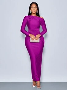 SOLERSUN Suitable For Christmas Party Vacation & Dating Elegant Asymmetric Neckline Ruched Side Bodycon Dress, Valentine's Day Dating Fall Cloth For Women - Purple - View 6