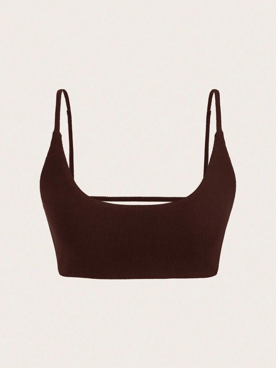 SHEIN BASICS Casual Solid Color Knit Cropped Fitted Women Camisole - Brown - View 1