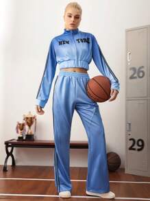 SHEIN Sports جاكيت رياضية قصيرة كم طويل سحاب أمامي منقوشة بحروف مبسطة للنساء - أزرق غامق - مشاهدة 5