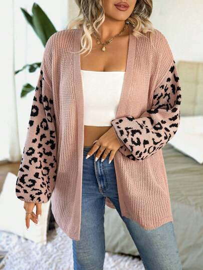 Calvaya Plus Size Leopard Pattern Drop Shoulder Split Hem Cardigan, For Winter Fall Cloth For Women Autumn