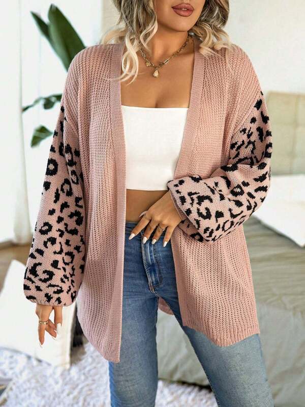 Calvaya Plus Size Leopard Pattern Drop Shoulder Split Hem Cardigan, For Winter Fall Cloth For Women Autumn