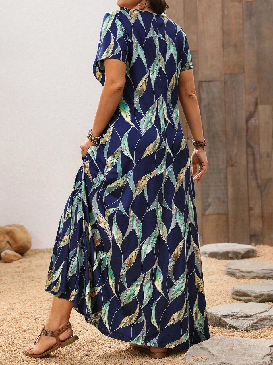 Plus Size Women Blue Floral Print Short Sleeve Square Neck Maxi Dresses,Vacation Dresses ,Women Summer Dresses,Flower/Spring