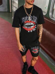 Manfinity EMRG Men's Oversized Graphic Print Round Neck Short Sleeve T-Shirt And Shorts Set, Casual,Men's Black T-Shirt And Shorts Set, With Eye-Catching Red Lips Inlaid With Diamonds And The Word "SUCCESS", Is Fashionable And Street-Style. Suitable For Outdoor Sports Occasions. - Black - View 6