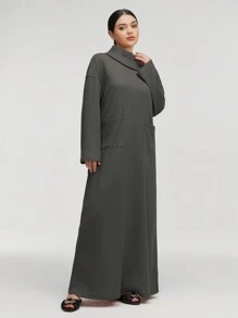 Al Najma 女式纯色高领长袖口袋宽松长款休闲阿拉伯朴素连衣裙，休闲风格，适合日常休闲/旅游/度假/休假/家居服，超长款阿拉伯朴素连衣裙 - 灰色 - 查看 3
