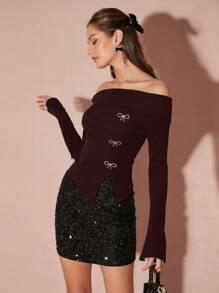 Enchnt 女士露肩长袖休闲上衣，带蝴蝶结装饰