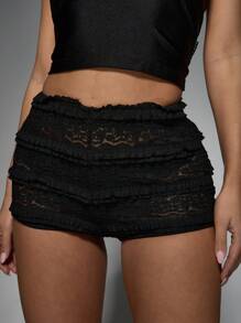 MISSGUIDED 荷叶边分层超短裤高腰蕾丝插入节日夏季迷你热裤俱乐部装派对沙滩短裤 - 黑色 - 查看 3