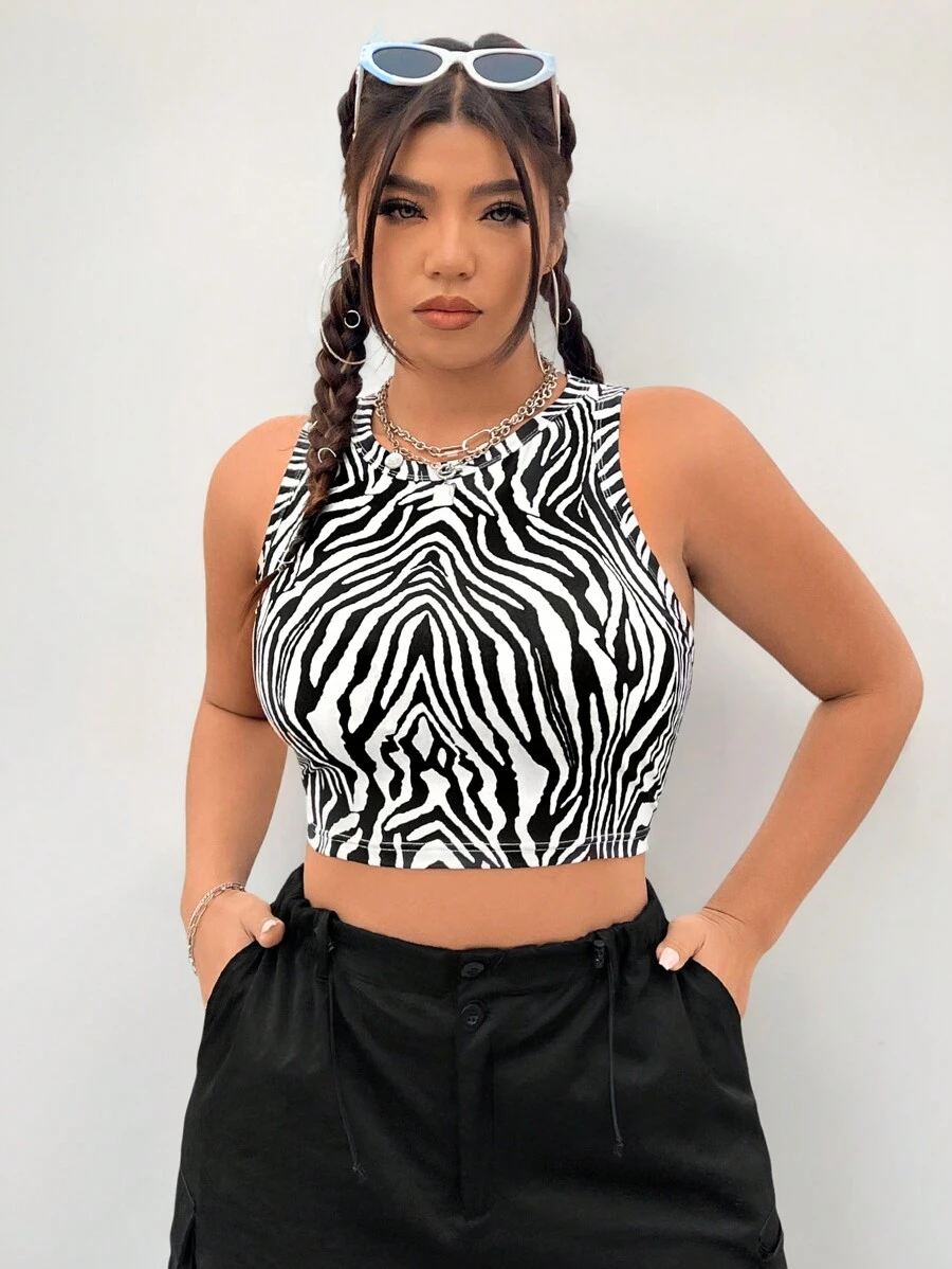 SHEIN Coolane Plus Size Summer Sleeveless Round Neck Minimal Pattern Detail Casual Tank Top, Everyday Wear