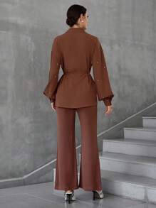 Modelyn 2 件套女士前扣长袖简约上衣和长裤 2 件套 - 棕色 - 查看 7