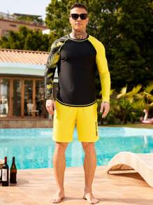 Manfinity Swimmode 2pcs/Set Men's Long Sleeve Top And Shorts Set, Casual Everyday Wear,Hawaiian