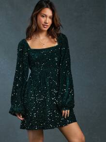 WESTFADE 西部牛仔风格方领亮片天鹅绒蝴蝶结后背镂空长袖娃娃裙