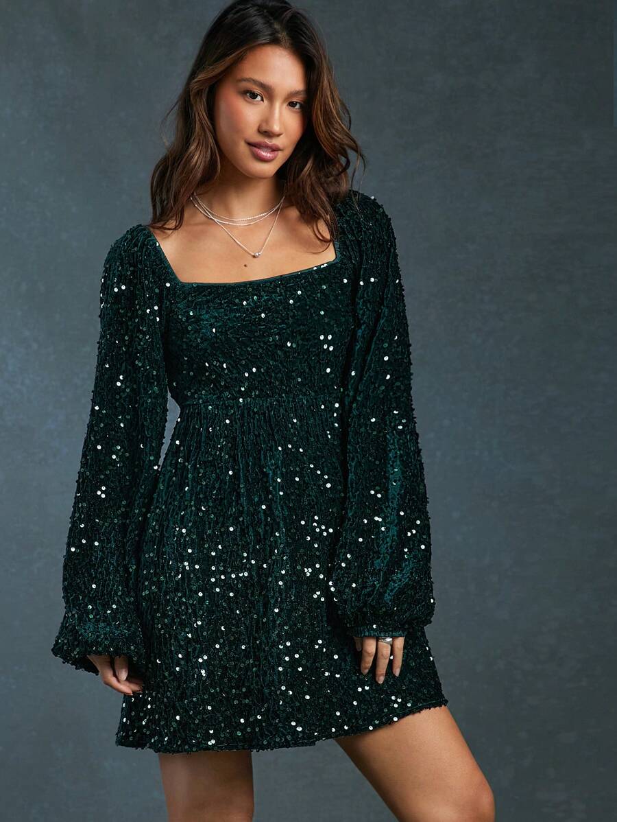 WESTFADE 西部牛仔风格方领亮片天鹅绒蝴蝶结后背镂空长袖娃娃裙