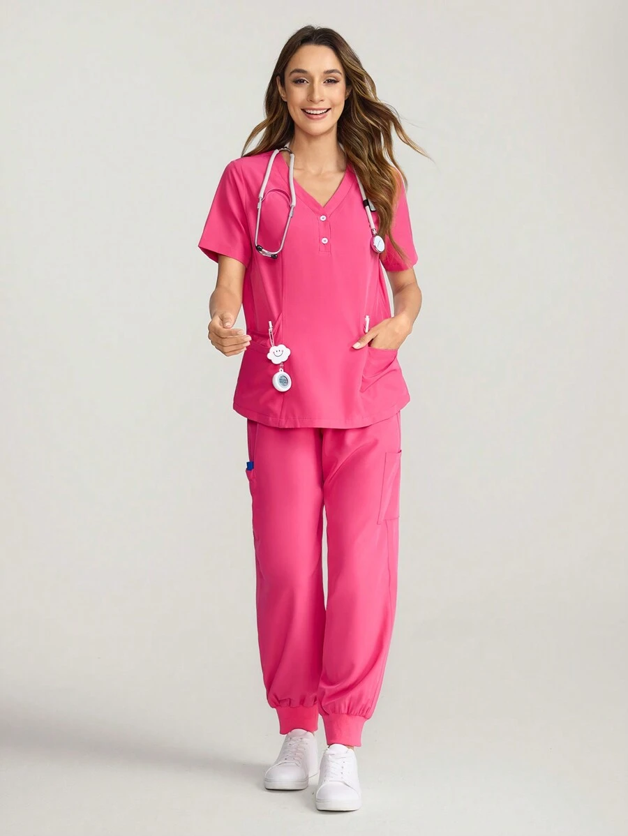 TaskEZ Pink V-Neck Casual Top With Pockets & Drawstring Pants Set Scrub Uniform Set - Hot Pink - View 1
