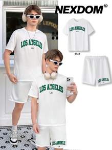 SHEIN 2入組少年男生白色寬鬆休閒短袖T恤和短褲套裝，時尚、簡約、實用和舒適，帶有印刷字母