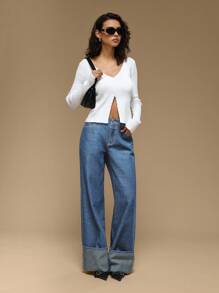 Forever 21 秋冬女士口袋宽松阔腿深蓝色水洗复古牛仔裤