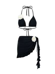 Swim Chiccia Springbreak Women 3-Piece Floral Halter Neck Triangle Bikini Set With Ruffled Trim Beach Dress Swimwear For Summer Beach Vacation - Black - View 4