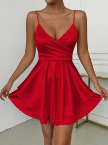 Zolique 优雅纯色细肩带深 V 领性感迷你红色连衣裙 - 紅色 - 查看 5