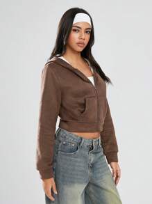 TRNVIE 1件女士抓绒短款露脐卫衣，棕色，休闲街头风，冬季套头衫 - 棕色 - 查看 6