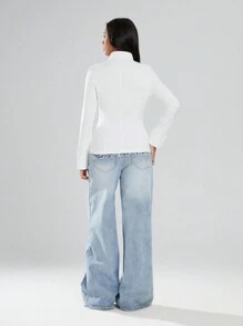 SHEIN Unity 1 件女式休闲高领长款修身拉链衬衫，白色，冬季