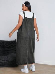 SHEIN ICON Plus Size Wide Strap Button Pocket Casual Denim Dress - Grey - View 2