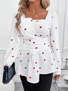SHEIN Clasi 白色底心形图案束腰女式衬衫，情人节 - 紅白色 - 查看 6