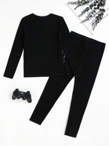 SHEIN Tween Boy 2pcs/Set Colorful Gamepad Graphic Round Neck Drop Shoulder Long Sleeve Top And Pants Soft, Comfortable Pajama Set - Black - View 2