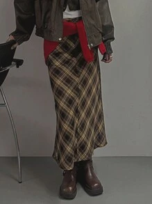 DAZY Women's Low Waist Plaid Long Straight Skirt, Coffee Brown, All Season Fall Skirts