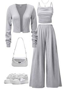 2pcs/Set Teen Girl Cropped Long Sleeve Cardigan, Ruffle Camisole And Wide Leg Pants - Grey - View 1