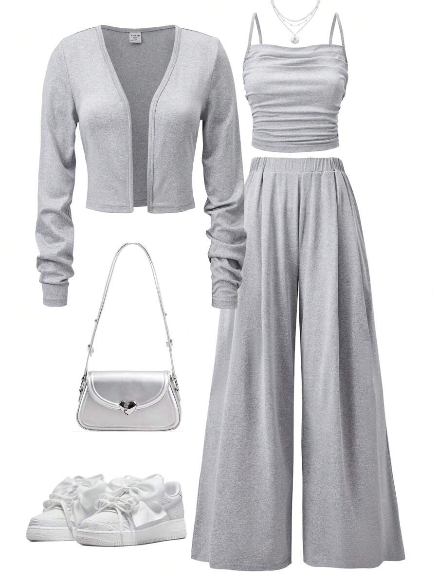 2pcs/Set Teen Girl Cropped Long Sleeve Cardigan, Ruffle Camisole And Wide Leg Pants - Grey - View 1