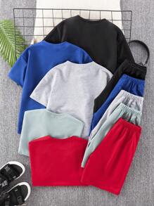 SHEIN Leap Crew 10 件/套青少年男孩休闲度假字母丝带圆领短袖 T 恤和短裤针织 2 件套服装，5 种款式各 1 种，适合学校、花园、海滩、生日派对、春夏秋冬 - 彩色 - 查看 2