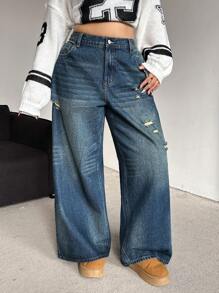 SHEIN EZwear Plus Size Loose Fit Ripped Blue Denim Wide Leg Casual Jeans Fashion Solid Retro Washed Baggy Women Jeans High Waist Straight Leg Jeans Wide Leg Jeans Winter Jeans Halloween Outfits Street Cool Style Streetwear Pants For Women Homecoming Fall Clothes