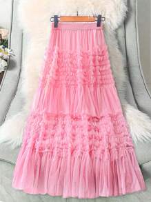 Flirla Plus Size Women Valentine's Day A-Line Cake Skirt, Multi-Layer Ruffle Textured Fabric - Pink - View 1