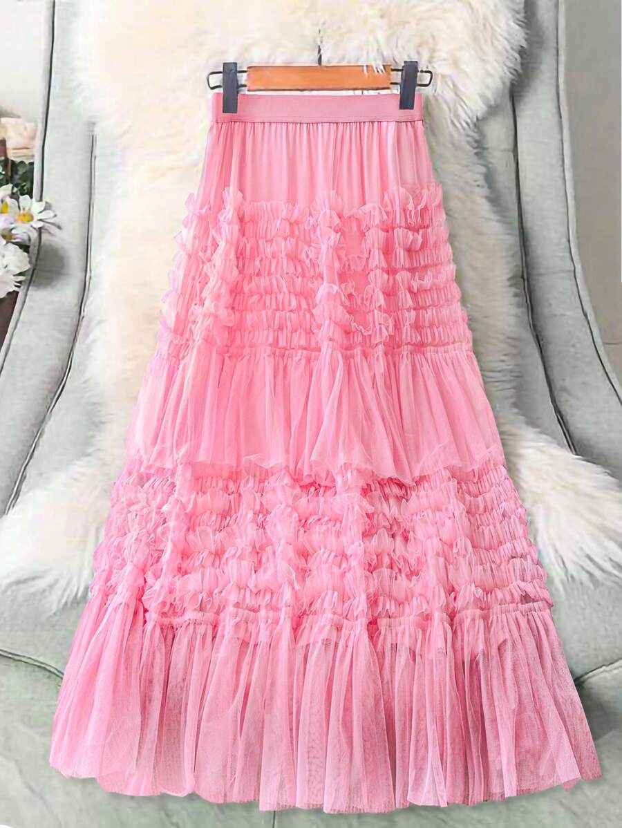 Flirla Plus Size Women Valentine's Day A-Line Cake Skirt, Multi-Layer Ruffle Textured Fabric - Pink - View 1