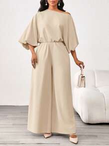 SHEIN Lady 秋冬季优雅复古工作休闲办公室香槟色编织不对称领舞会礼服主教袖新款连体裤 - 駝色 - 查看 5