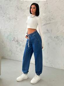 EURMUSE Casual Distressed Drawstring Waist Tapered Leg Denim Jeans - Medium Wash - View 3