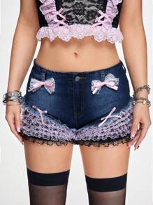 ROMWE Kawaii Y2K Sexy Street Style Cute Lace Patchwork 2 In 1 Women Denim Jeans - Medium Wash - View 1