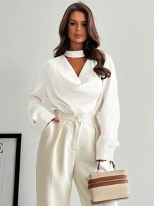 Firerie Áo sơ mi nữ tay dài màu mơ thanh lịch, tinh tế, cổ điển, đơn giản, phù hợp cho công sở, mùa xuân, hè, ngày Valentine. - trắng - Xem 6