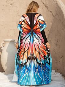 Swim Mulvari 夏季女士蝴蝶印花宽松休闲长款罩衫连衣裙，适合海滩度假 - 藍色 - 查看 2