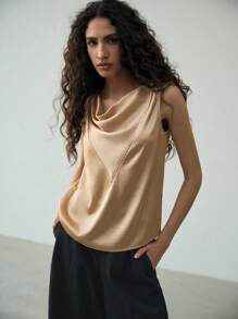 MOTF PREMIUM COWL NECK SIMPLE SLEEVELESS BLOUSE - Khaki - View 5