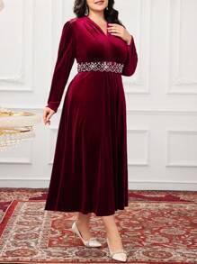 Modelyn Plus Size Solid Color V-Neck Patchwork Long Sleeve Casual Dress Long Evening Dresses - Burgundy - View 6