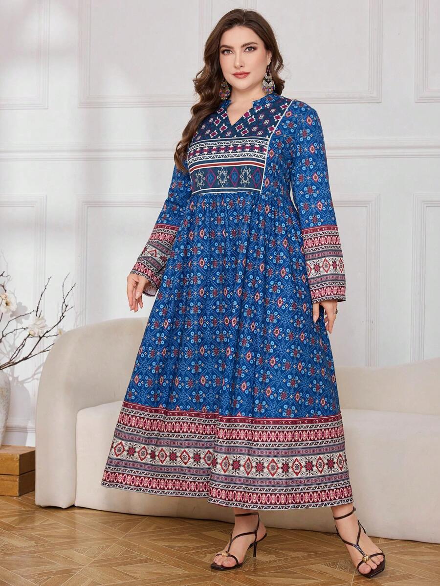 Lacomfia Plus Size Women Elegant Placement Print Arabic Style Long Dress,Modest