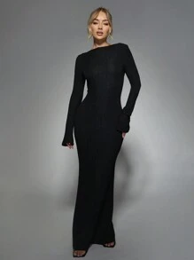 MISSGUIDED Textured Knit Long Sleeve Maxi Dress Scoop Back Evening Gown Full Length Form Fitting Floor Length Special Occasion Fall Winter Party Dress - Black - View 1