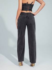 Denimoi 优质低腰宽松直筒牛仔裤 - 黑色 - 查看 2